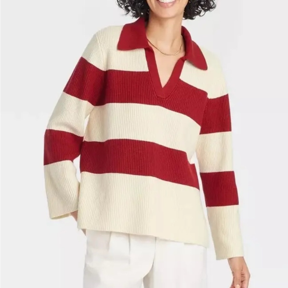 a new day Red and Cream Striped V-Neck Polo Sweater